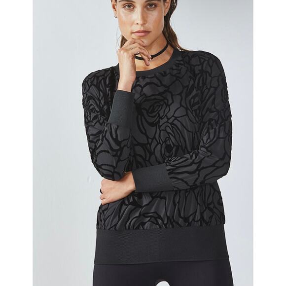 Fabletics size medium black long sleeve activewear top with velvet rose design - Picture 2 of 7